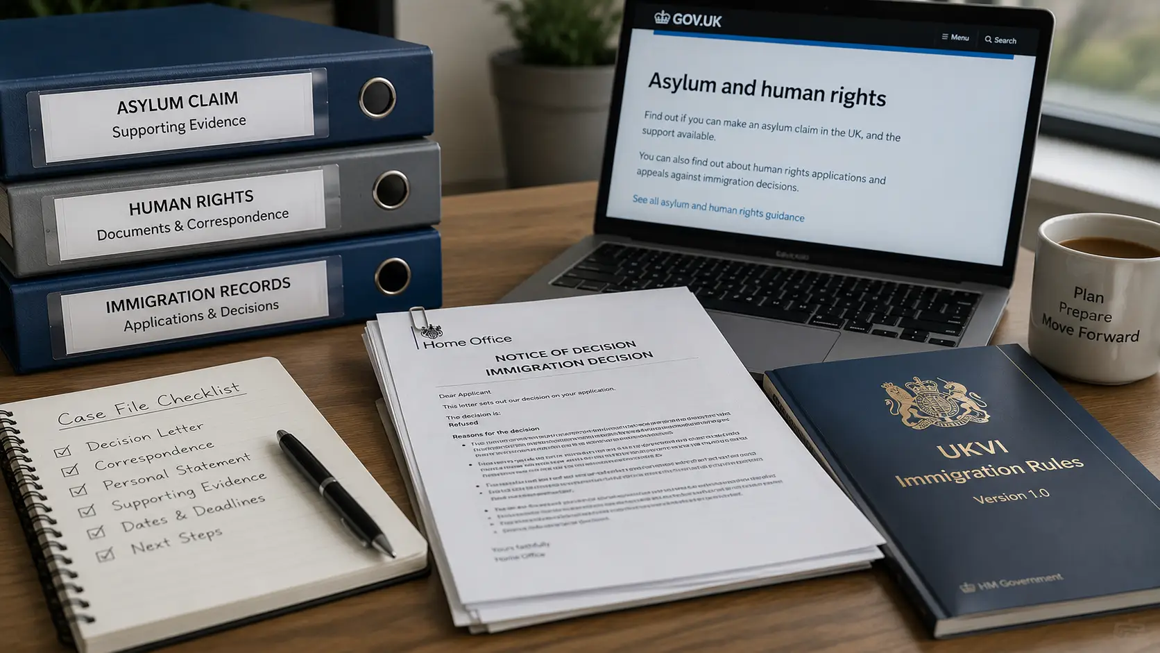 Human rights and immigration appeal evidence arranged on a professional legal office desk