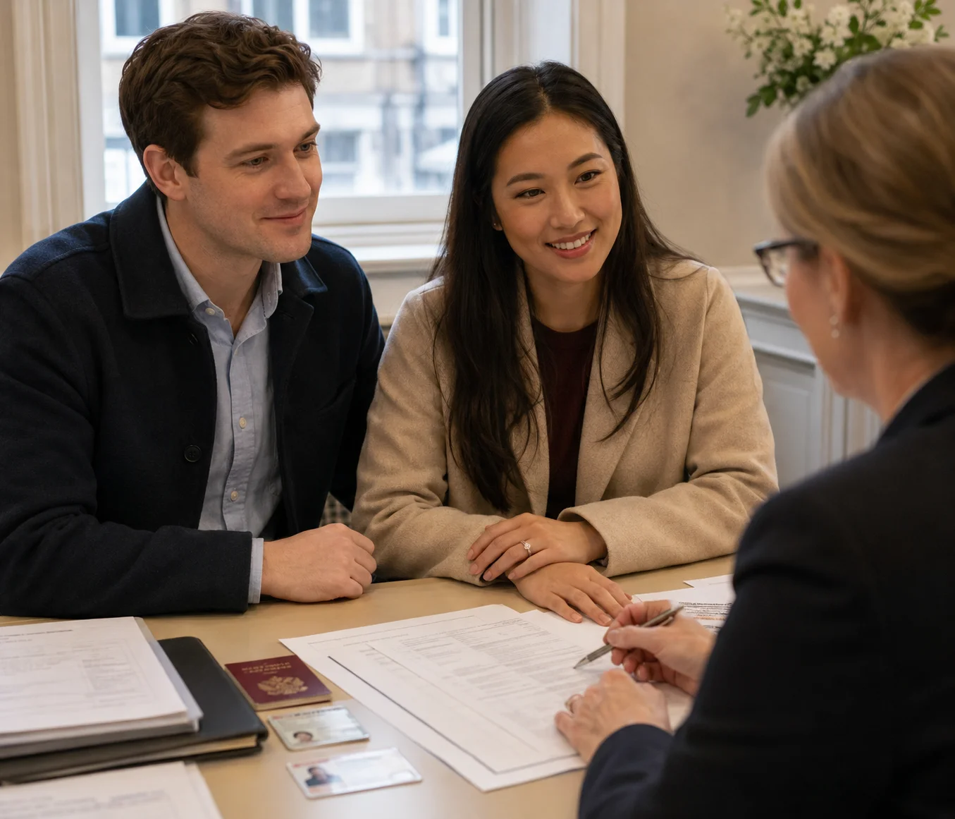 Fiance proposed civil partner visa evidence review with an engaged couple and UK immigration adviser