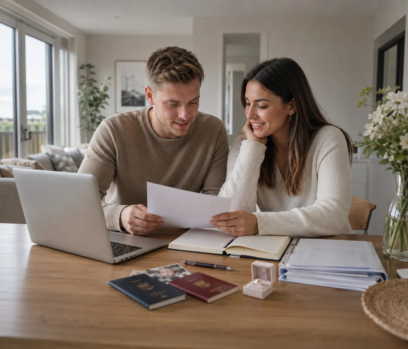 Fiance proposed civil partner visa preparation by an engaged couple reviewing ceremony plans and documents at home