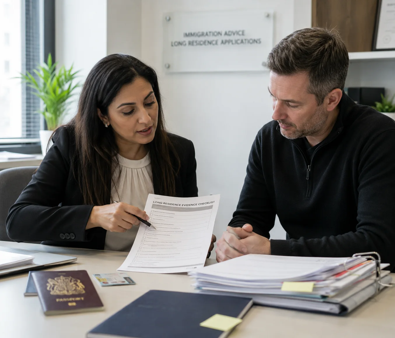 Applicant organising passports, travel records and immigration documents for a UK long residence application