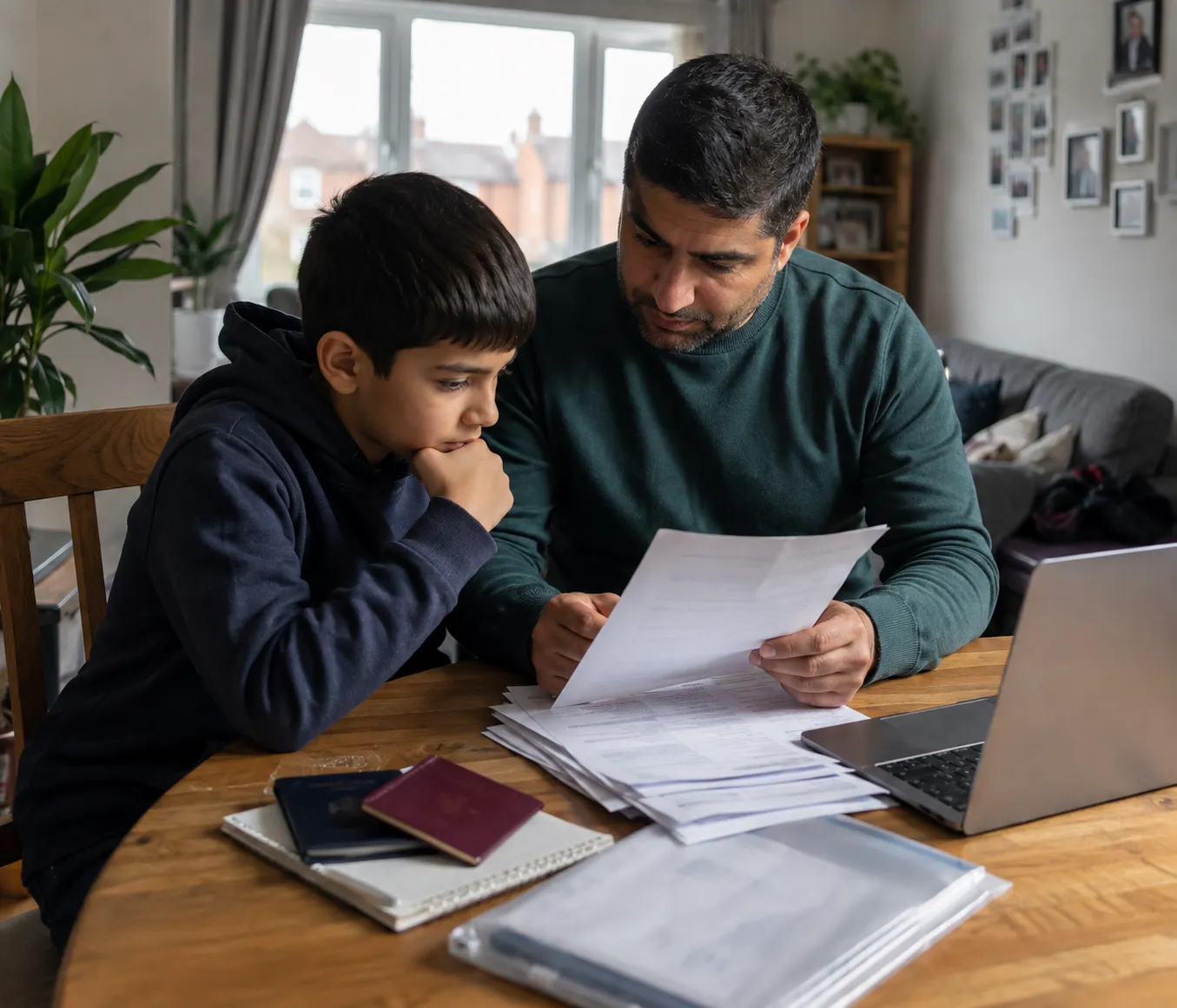 Private family life applications preparation by a father and child reviewing UK residence records