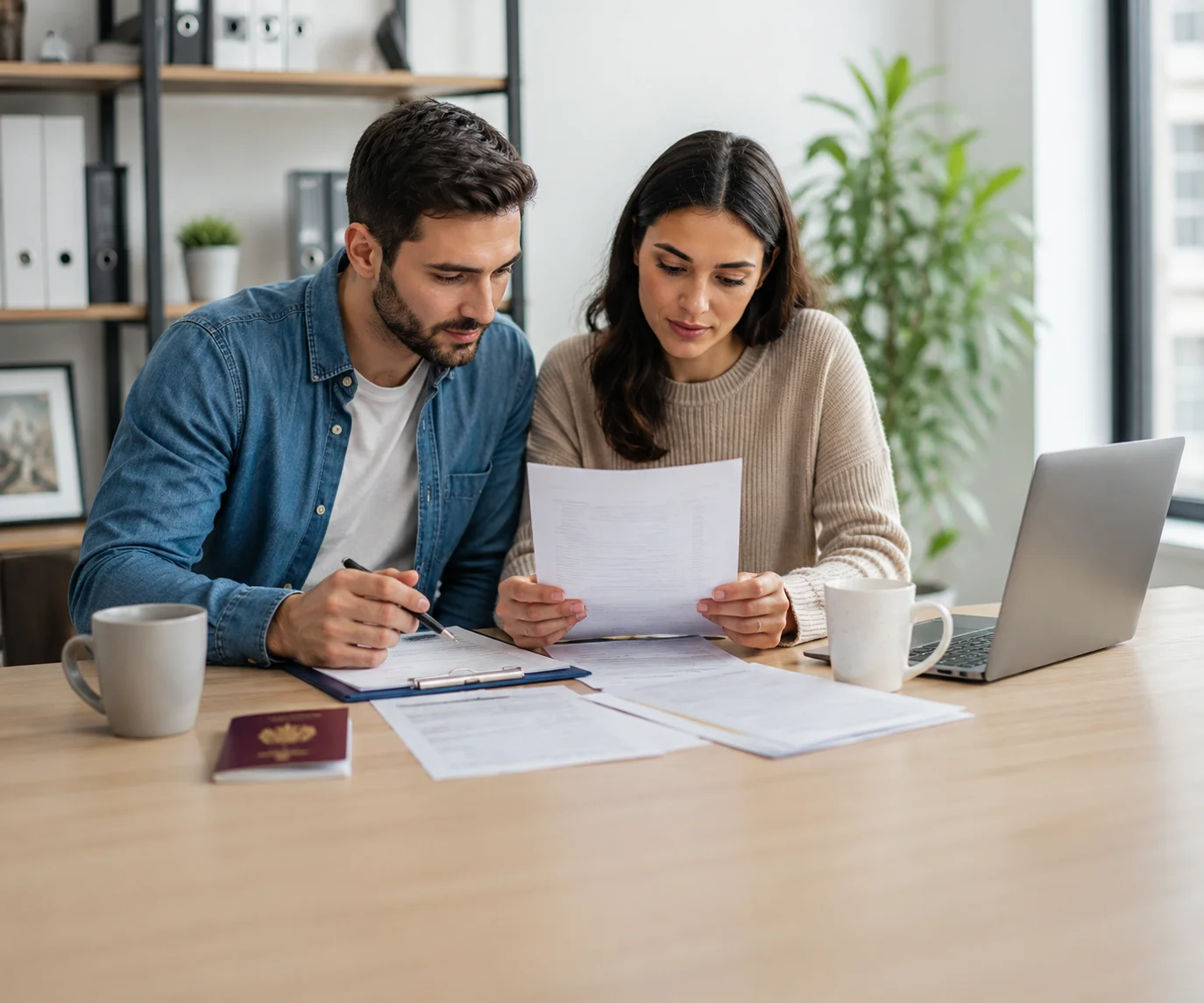 UK spouse visa application documents reviewed by a couple